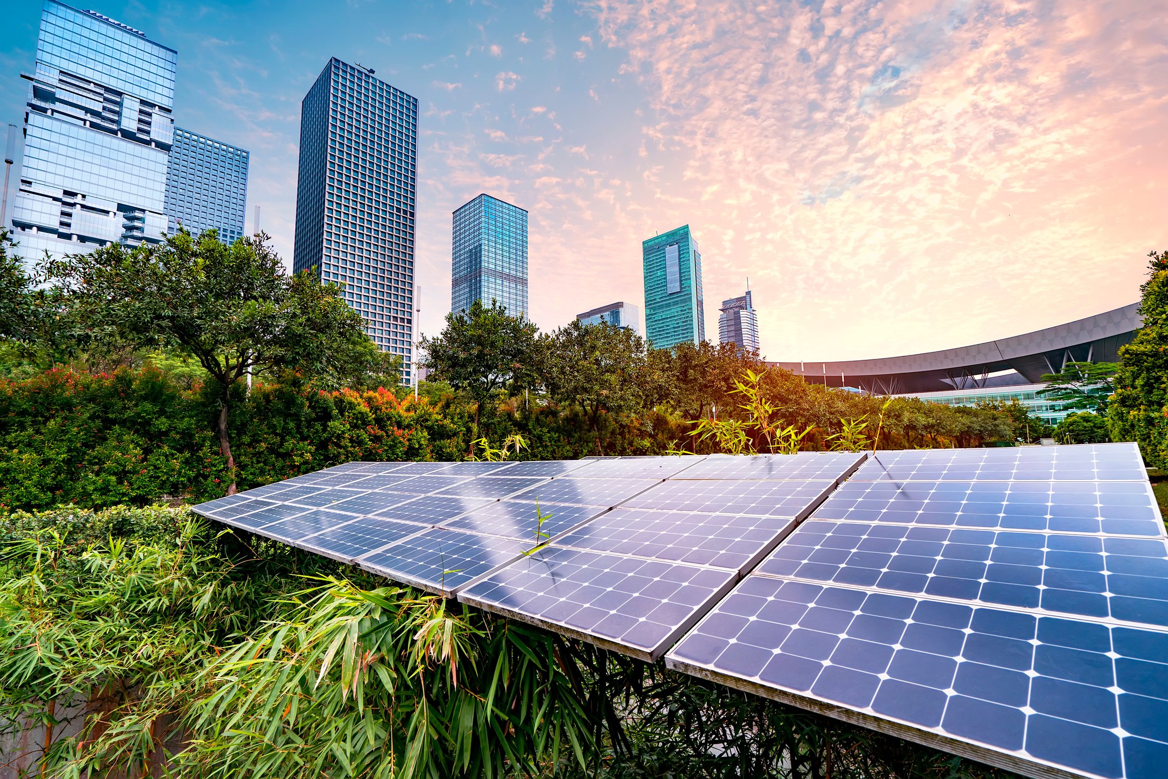 Solar Power Plant in modern city,Sustainable Renewable Energy